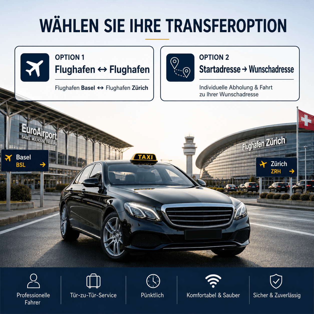 Airport Transfer Taxi am Flughafen Zürich und EuroAirport Basel — wählen Sie Ihre Transferoption